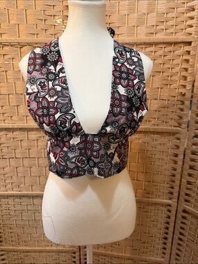 Hand Crafted Black, White & Burgundy Floral Halter Crop Top